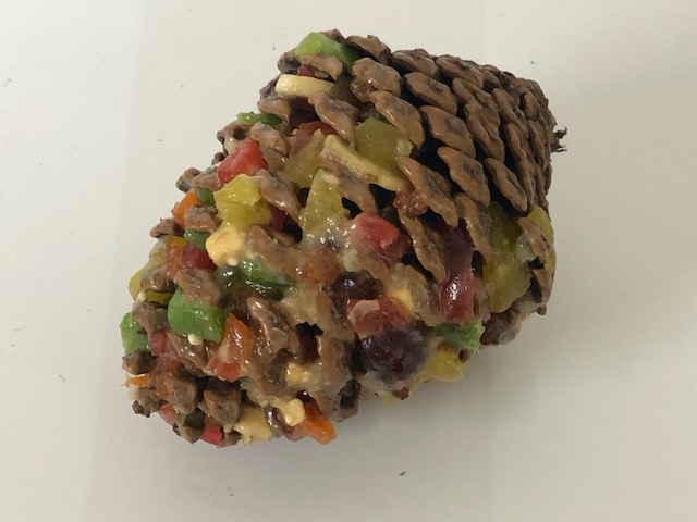 Small pinecone seed treat w fruit mix & hook